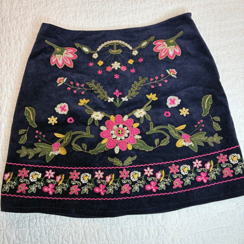 Harper Heritage Navy Blue Corduroy Floral Embroidered Mini Skirt Jr L Boho Retro